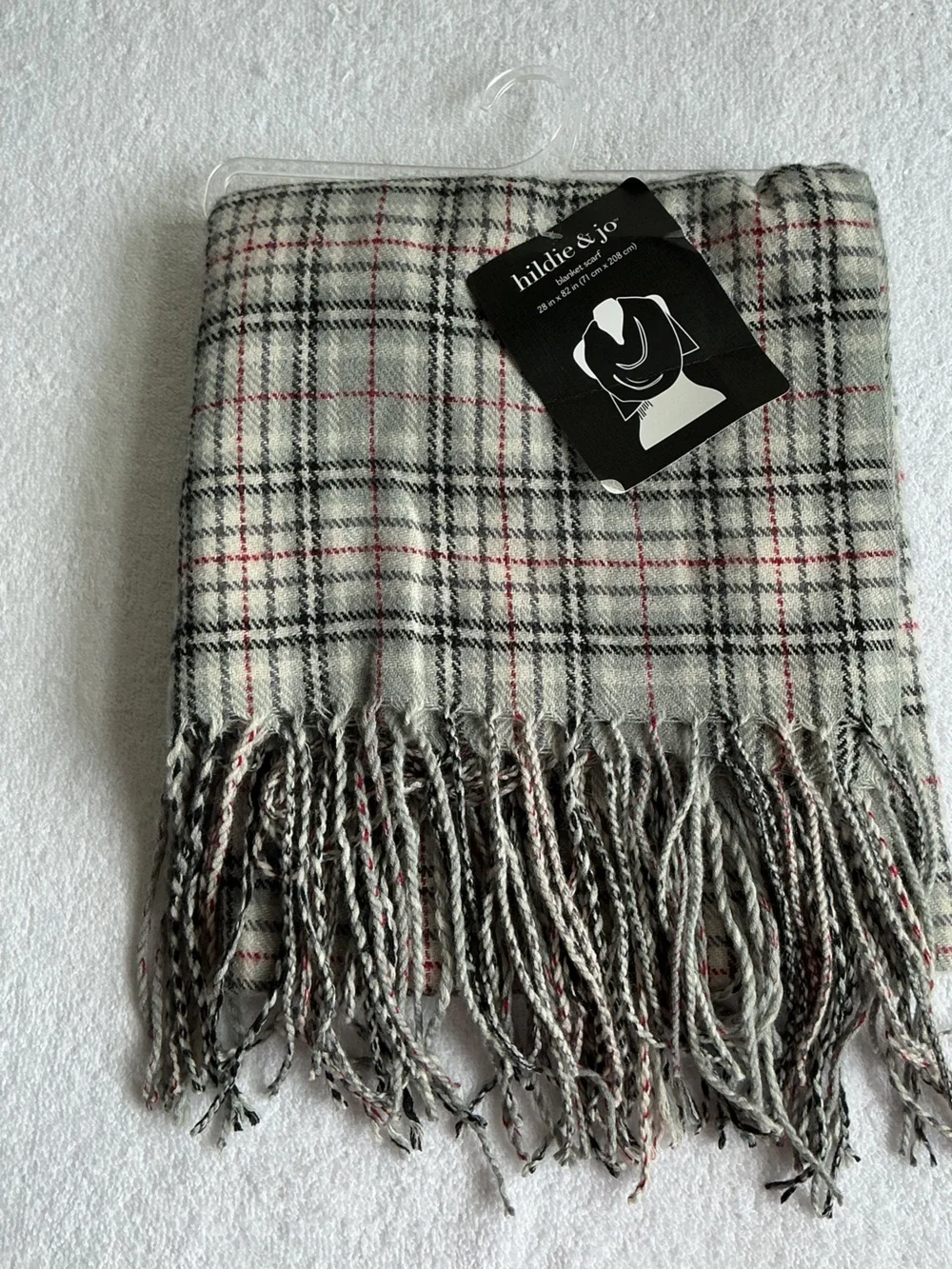 hildie & jo Plaid Fringe Scarf in Cream, Black & Red